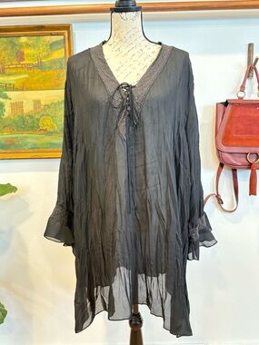 Cato Sheer Black Crinkle Lace Trim Boho Cover-Up Dress 26/28W